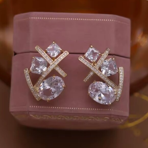 CRISS CROSS CZ GOLD STATEMENT EARRINGS - Picture 1 of 5